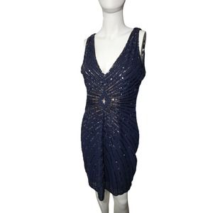 Vijiv Navy 1920s V-Neck Art Deco Sequin Beaded Cocktail Flapper Dress, size M